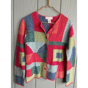 Vintage 2002 Susan Bristol Hand Knit Patchwork Crochet Cardigan Sweater M